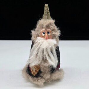 Handmade Fuzzy Santa Art Doll Multicolor Patchwork Design Gold utton Accents